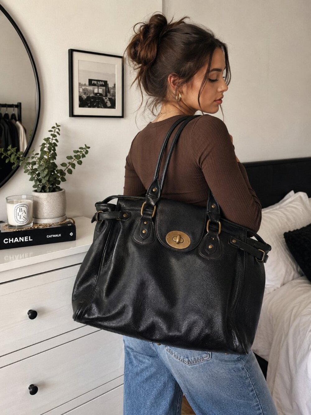 Forever 21 Black Oversized Tote Bag Turn Lock Faux Leather Shoulder Purse